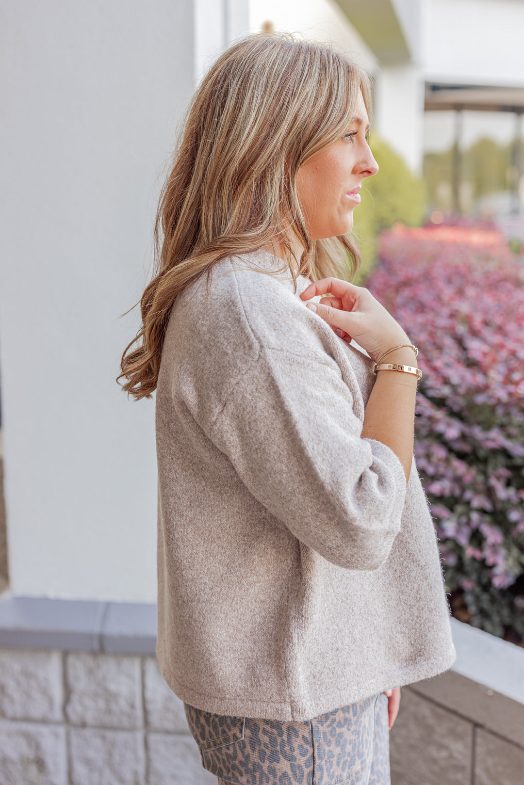 Women's mocha brown brushed knit button front top by Wishlist showing up close side view