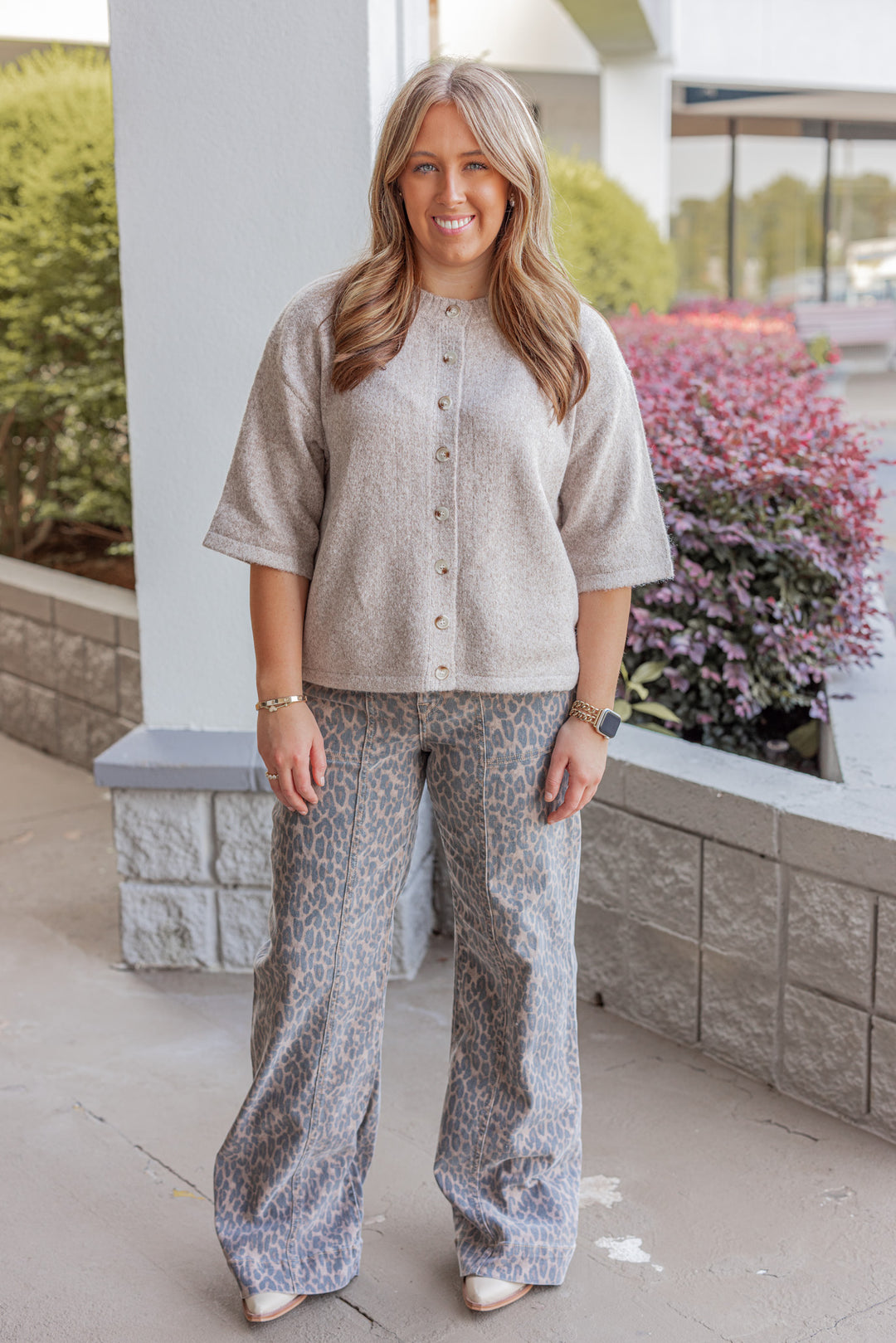Women's mocha brown brushed knit button front top by Wishlist showing full front view