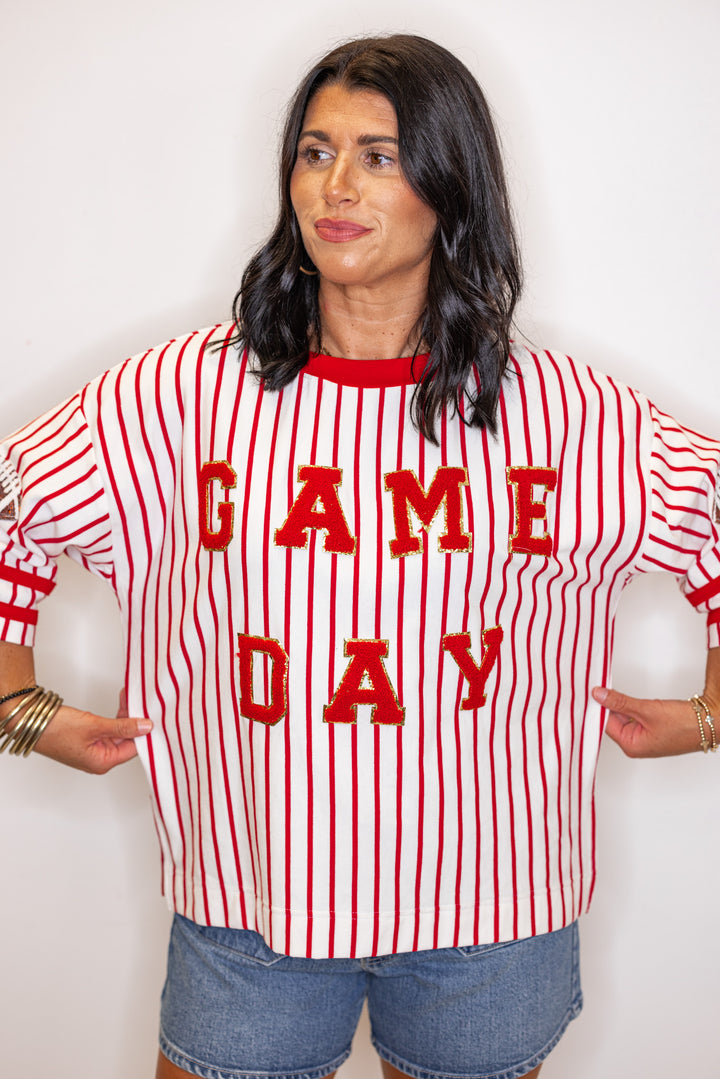 red white stripe gameday football top