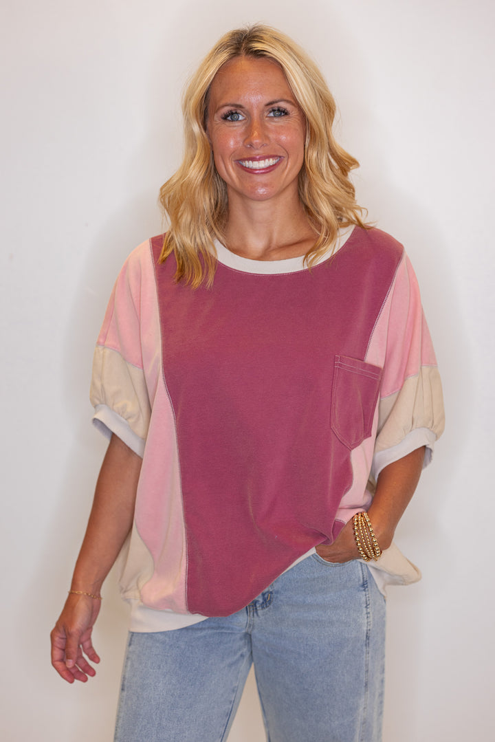 Women's washed french terry knit colorblock top in burgundy and coral by Easel