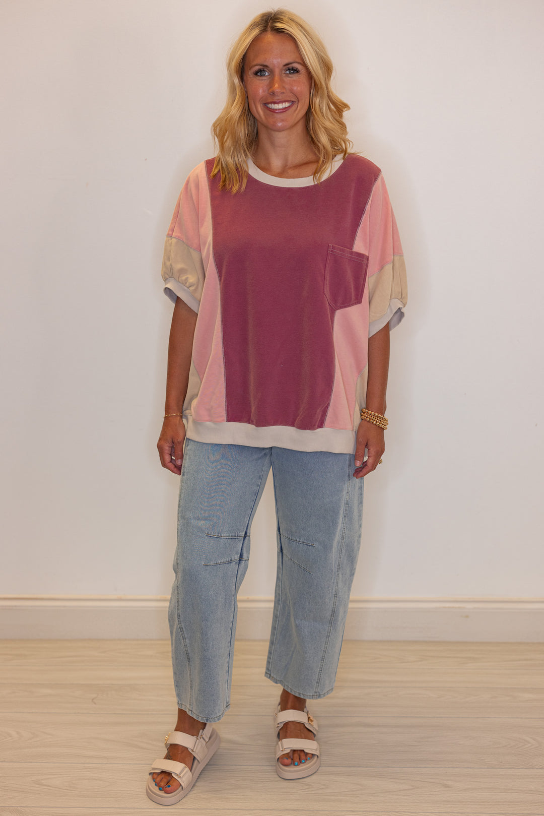 Women's washed french terry knit colorblock top in burgundy and coral by Easel showing full front view
