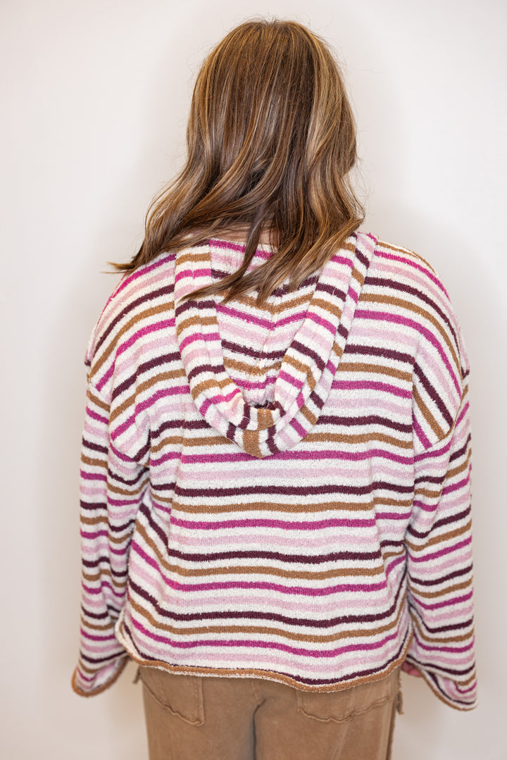 Women's pink and cream multicolor striped hooded knit sweater by Peach Love California showing up close back view