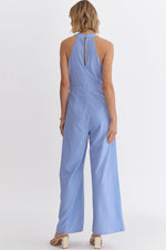 Entro Sleeveless halter wide leg jumpsuit in chambray blue 