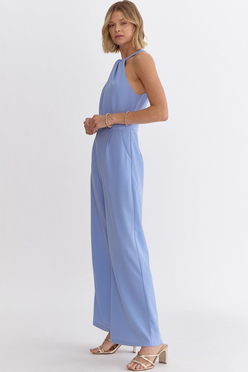 Entro Sleeveless halter wide leg jumpsuit in chambray blue 