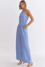 Entro Sleeveless halter wide leg jumpsuit in chambray blue 