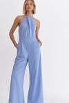 Entro Sleeveless halter wide leg jumpsuit in chambray blue 