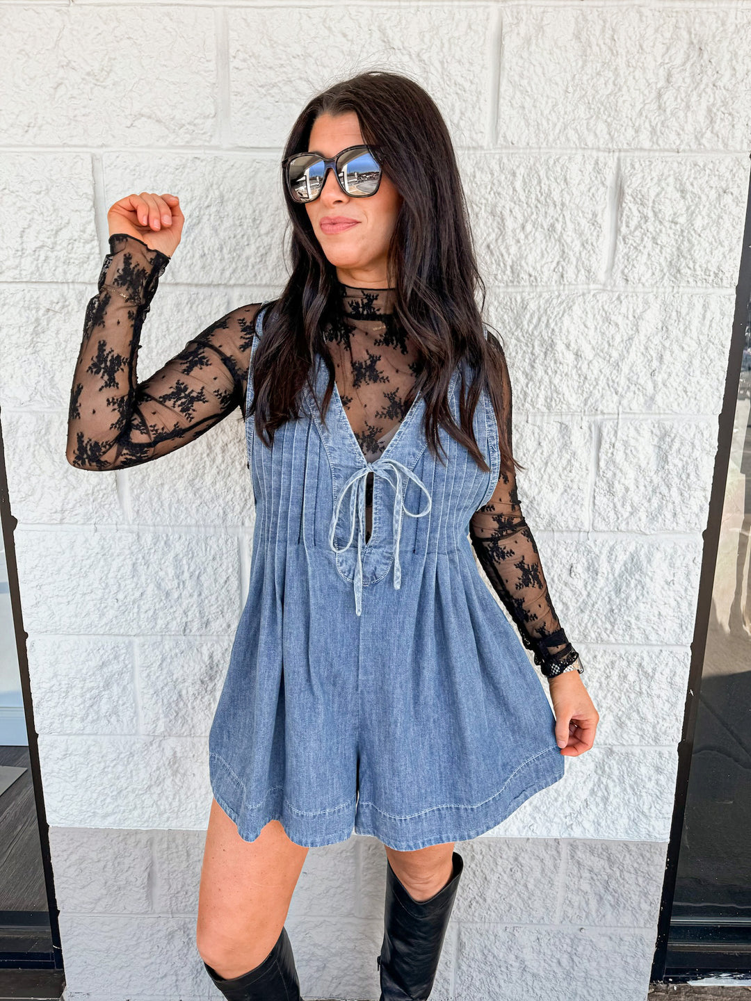 Washed Blue Denim Wide Leg Romper | Purple Door Boutique | Commerce GA Washed Blue Denim Wide Leg Romper | Purple Door Boutique | Commerce GA