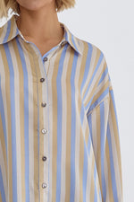 Entro Textured satin button down top in chambray blue, cream, and taupe stripes