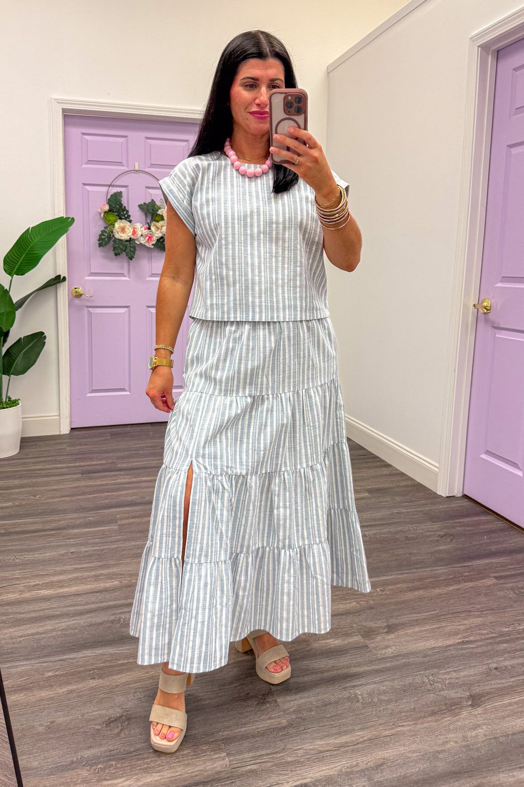 white chambray striped midi skirt set