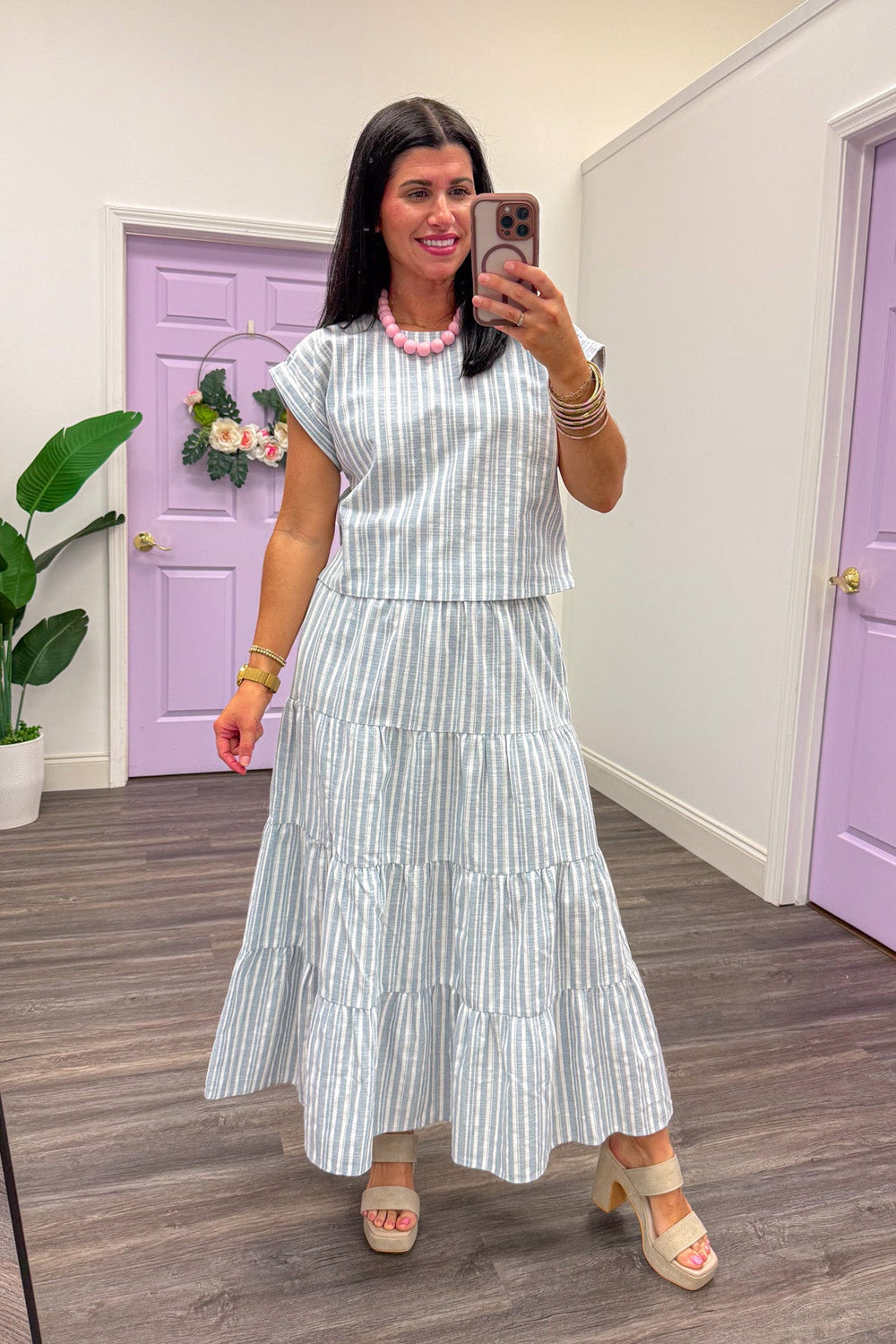 white chambray striped maxi skirt set