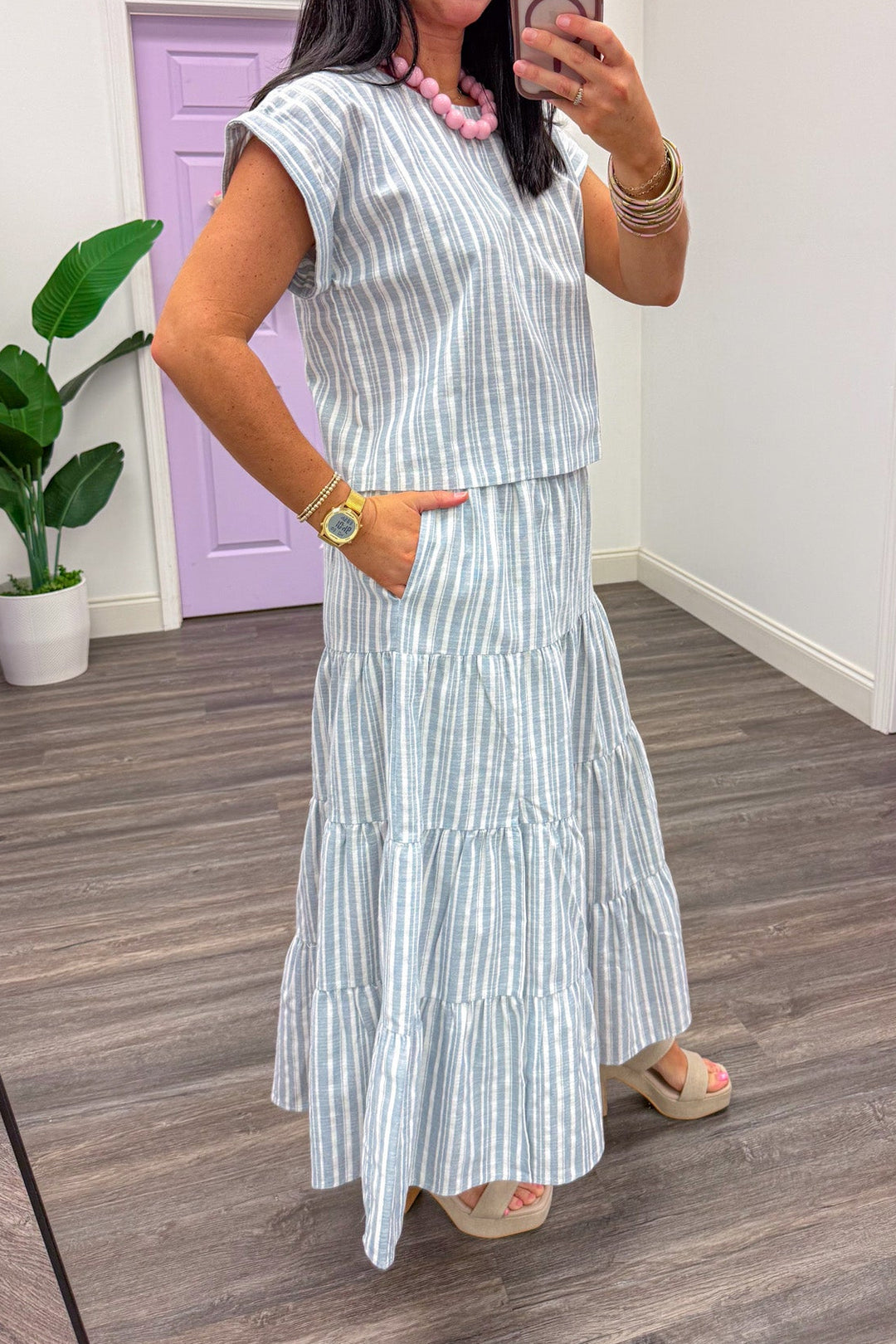 smocked elastic waist chambray striped midi skirt and top set