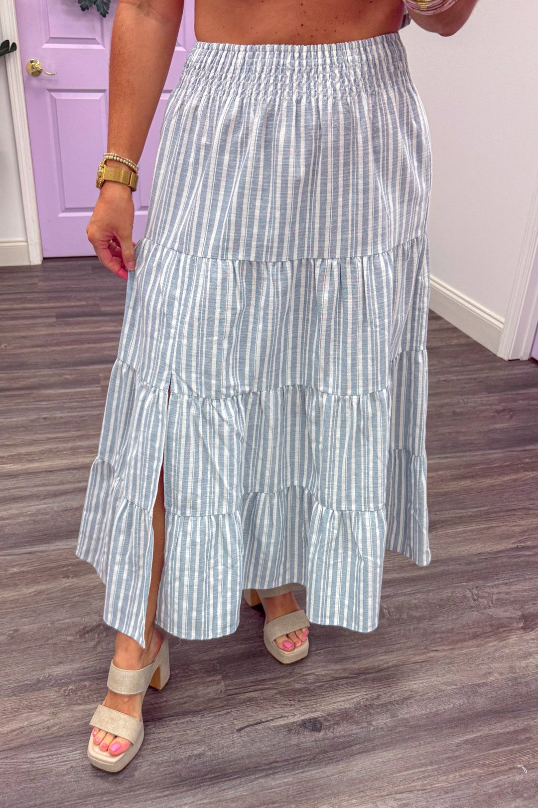 smocked elastic waist chambray striped midi skirt