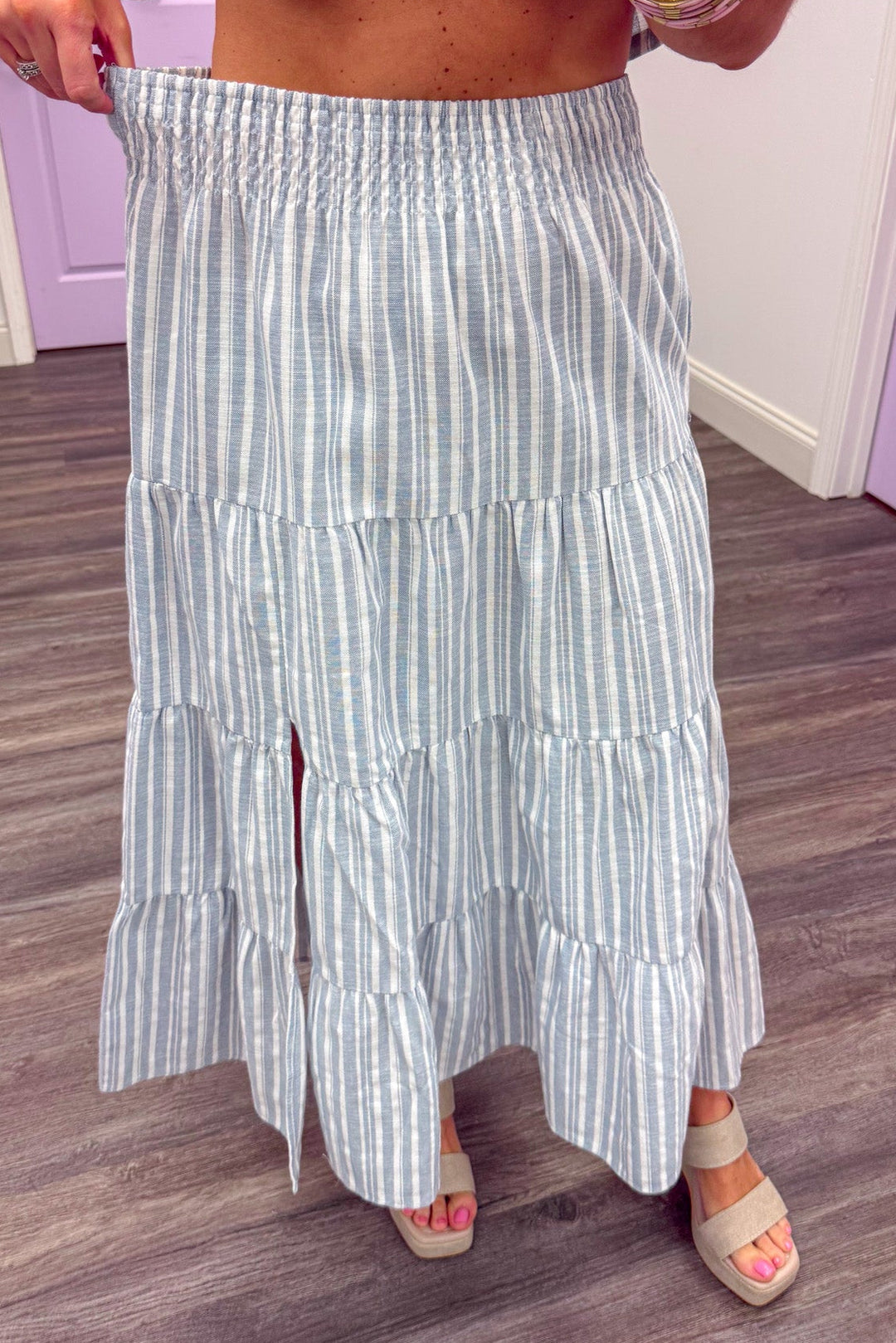 smocked elastic waist chambray striped long skirt