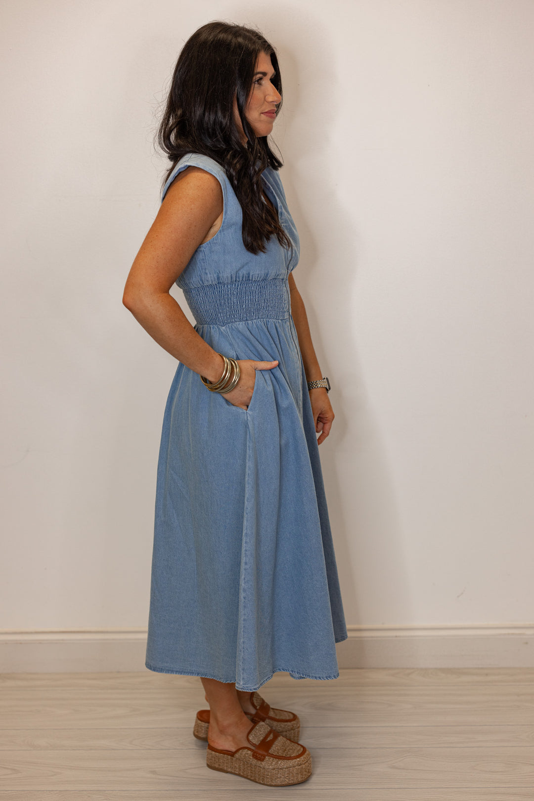 denim cinched waist dress The Sydney Cinch Waist Dress in Denim Liza Byrd