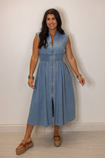 cotton denim cinched waist dress