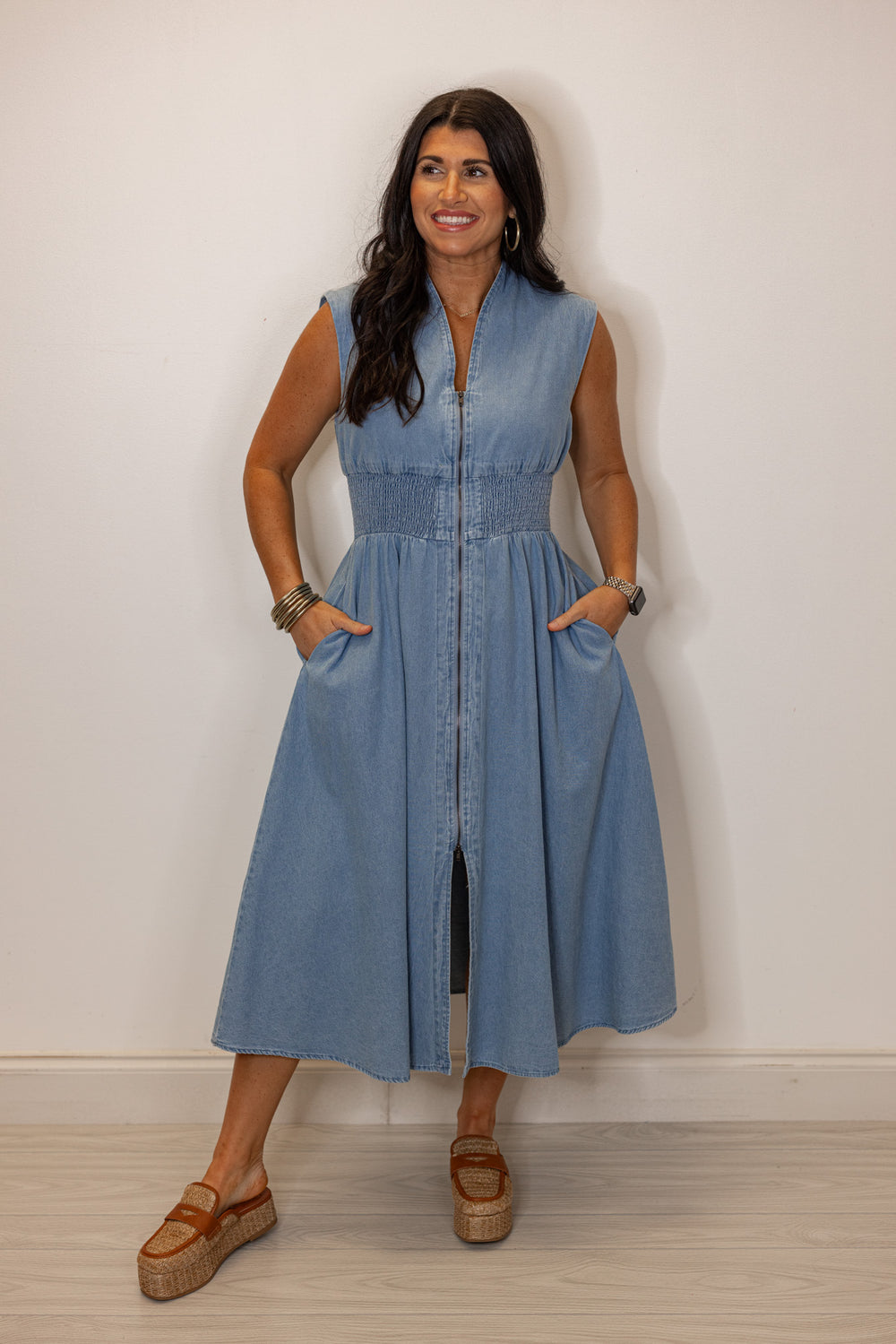 Light Blue Denim Zipper Front Midi Dress | Purple Door