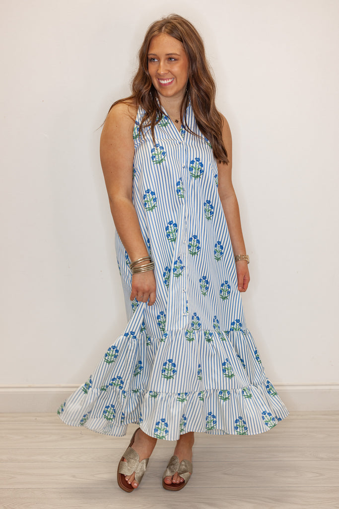 Floral Striped Blue Maxi Dress