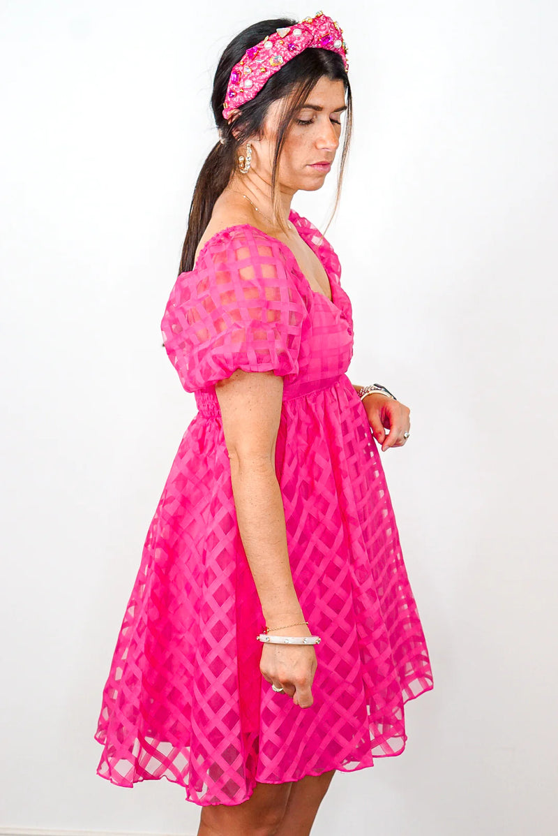 pink checkered grid print babydoll dress