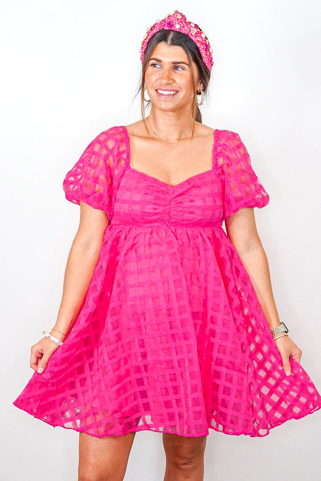 pink checkered grid print babydoll dress