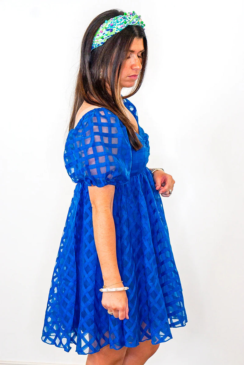 royal blue grid print babydoll dress
