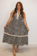 leopard print colorblock midi dress