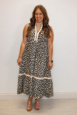 leopard print colorblock midi dress