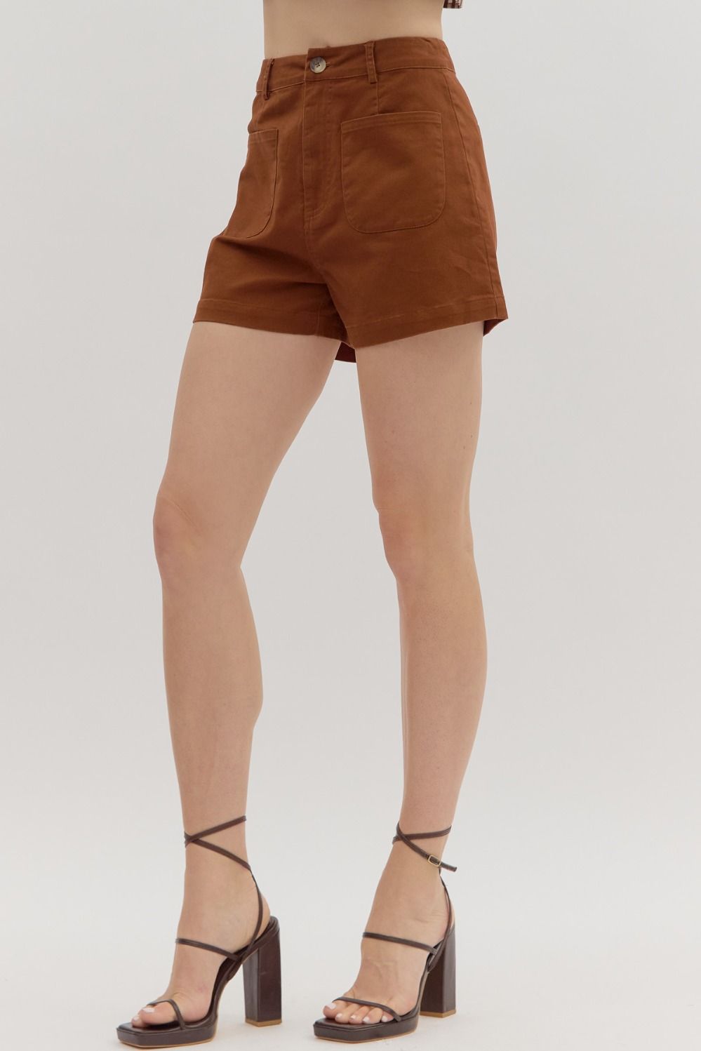 Women's chestnut twill denim shorts by Entro showing slight view