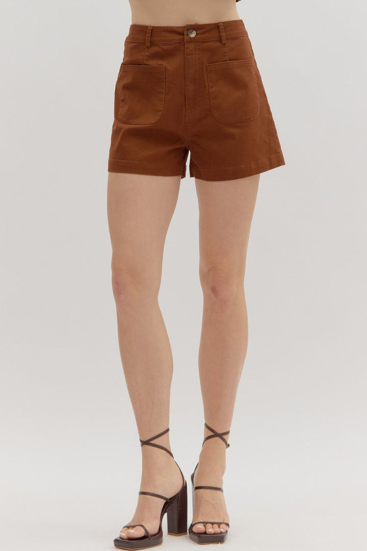 Women's chestnut twill denim shorts with button and zipper closure by Entro