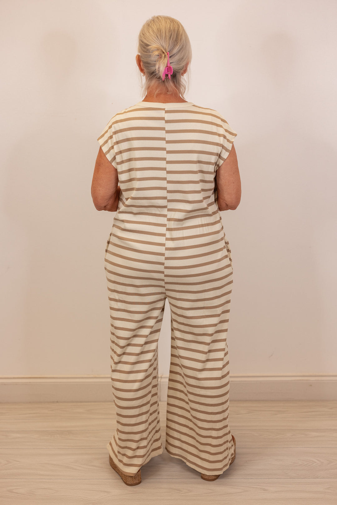 tan ivory striped knit wide leg jumpsuit
