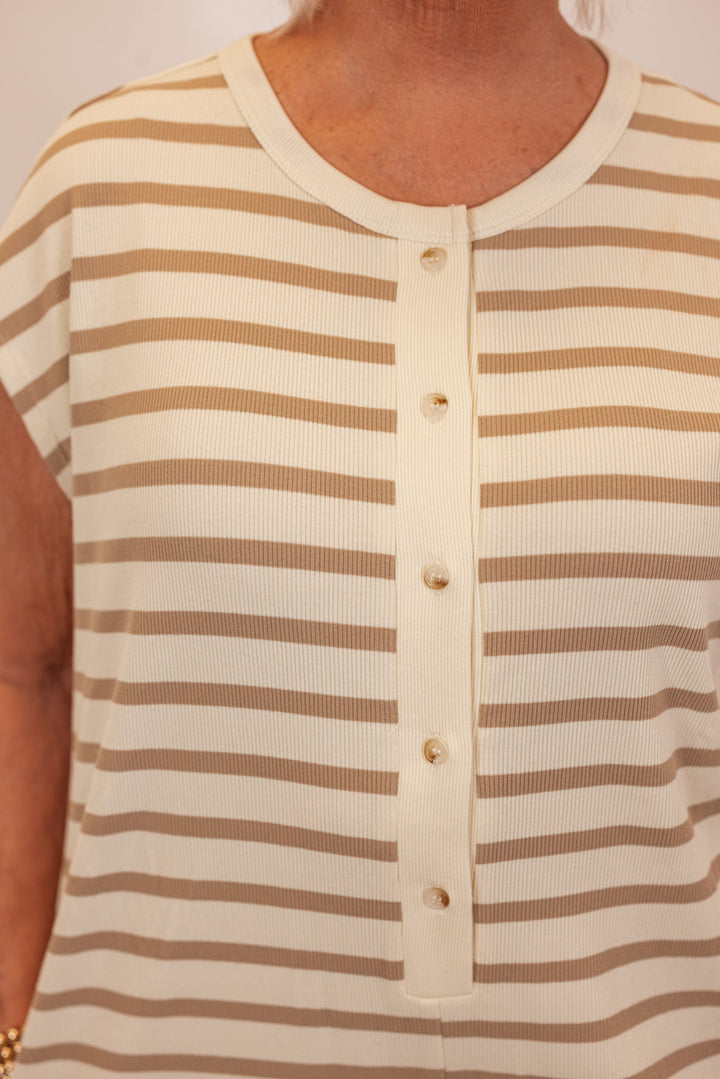 tan ivory striped knit wide leg jumpsuit