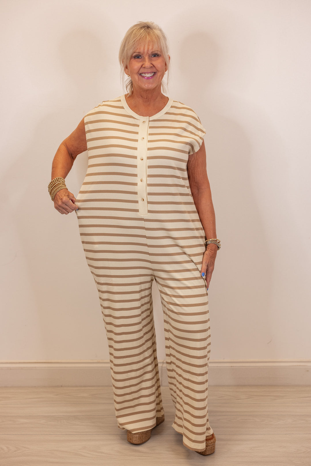 tan ivory striped knit wide leg jumpsuit