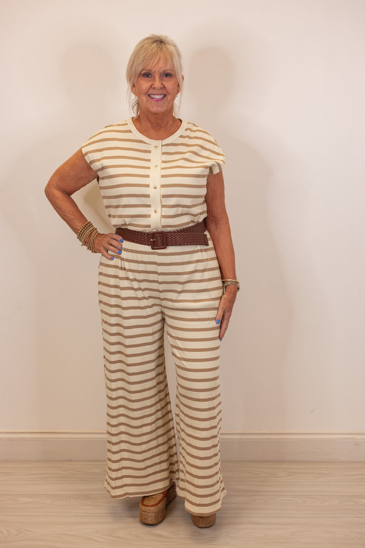 tan ivory striped knit wide leg jumpsuit