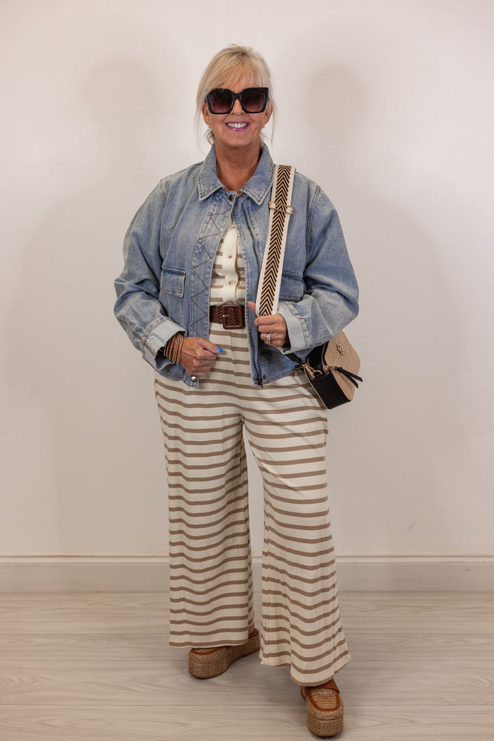 tan ivory striped knit wide leg jumpsuit