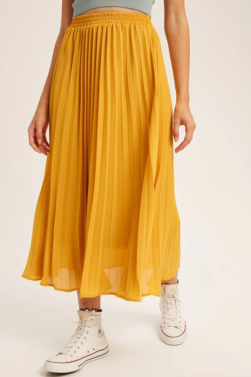 Pleated Chiffon Mustard Midi Skirt
