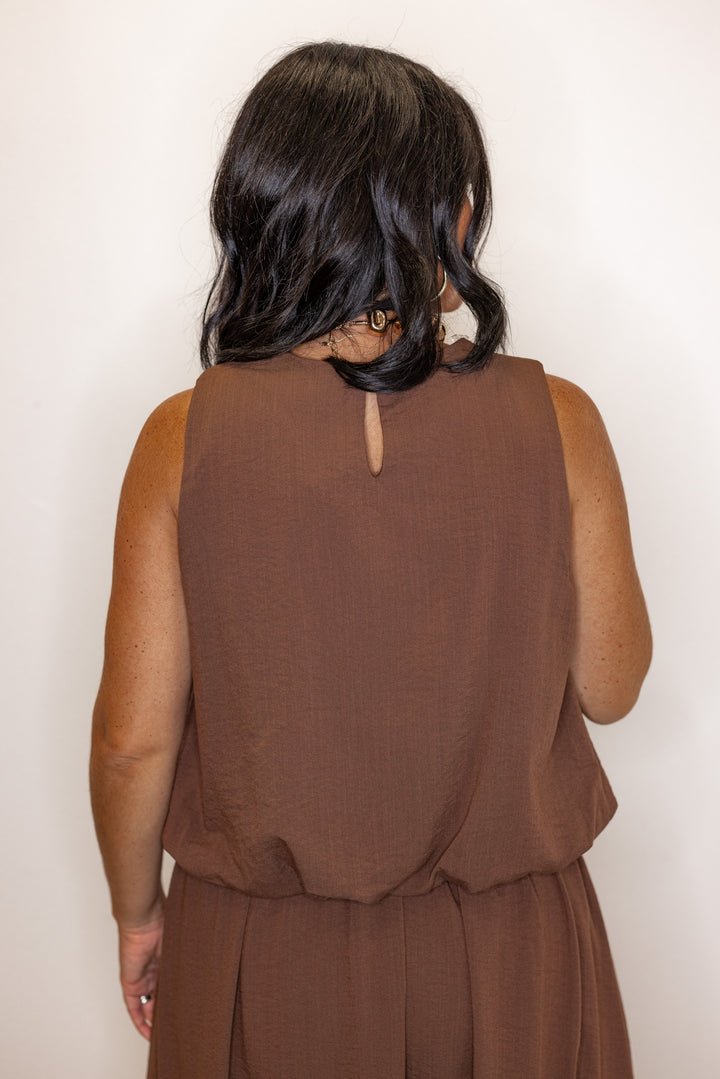 Espresso brown textured bubble hem sleeveless crop top by Entro showing up close back view