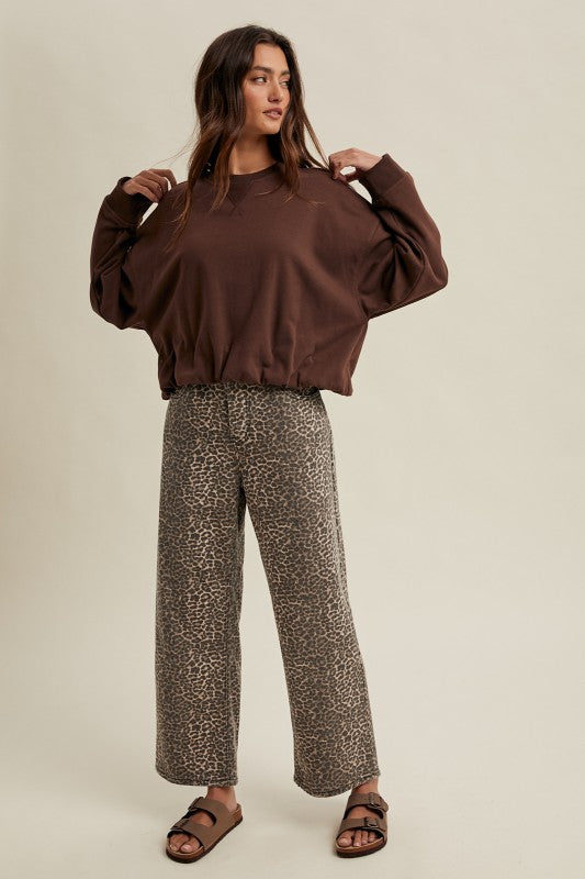 Women's chocolate brown terry knit long sleeve pullover top with bubble hem by Wishlist showing full front view