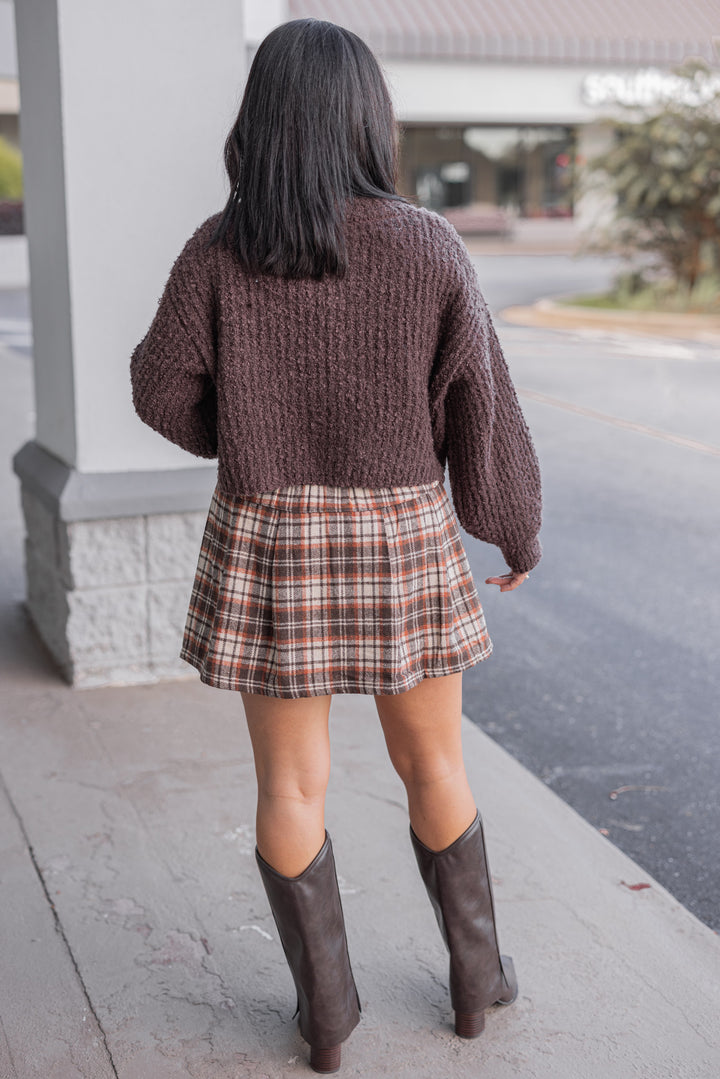 Women's brown, taupe and orange plaid flannel skirt lined with shorts by Jodifl showing full back view