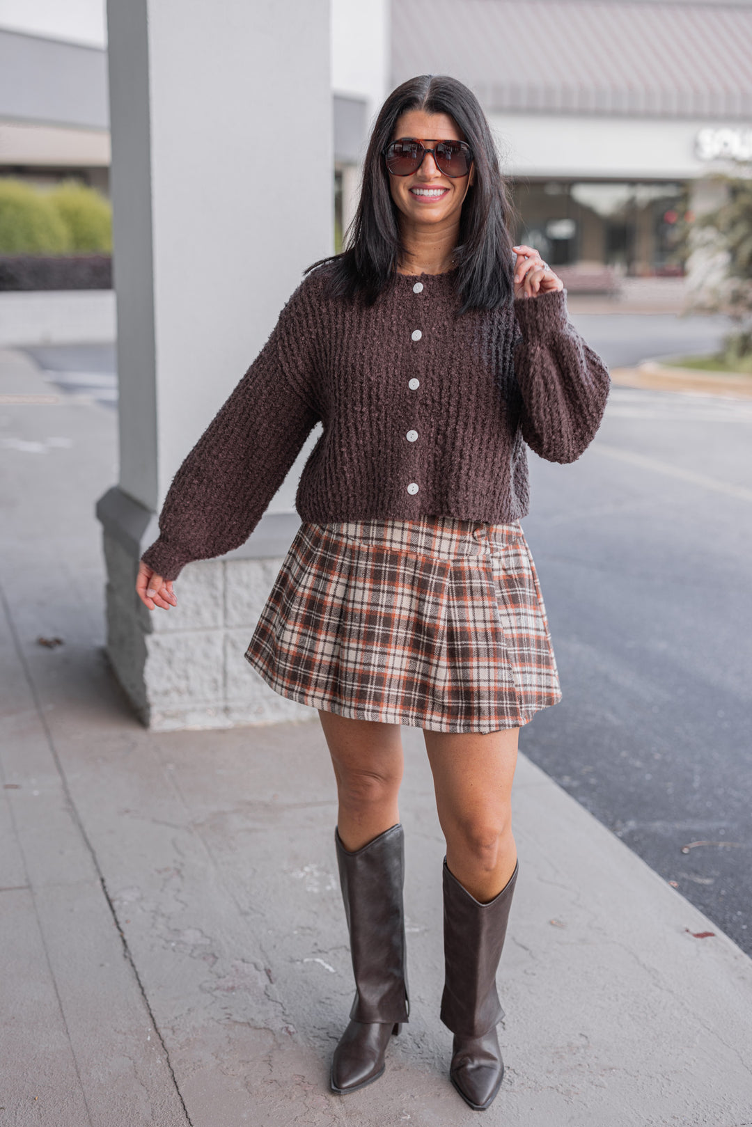 Women's brown, taupe and orange plaid flannel skirt lined with shorts by Jodifl, cute fall fashion inspiration