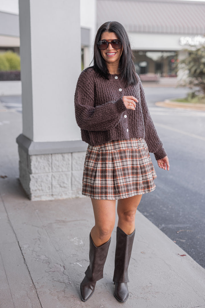 Women's brown, taupe and orange plaid flannel skirt lined with shorts by Jodifl, perfect for date nights