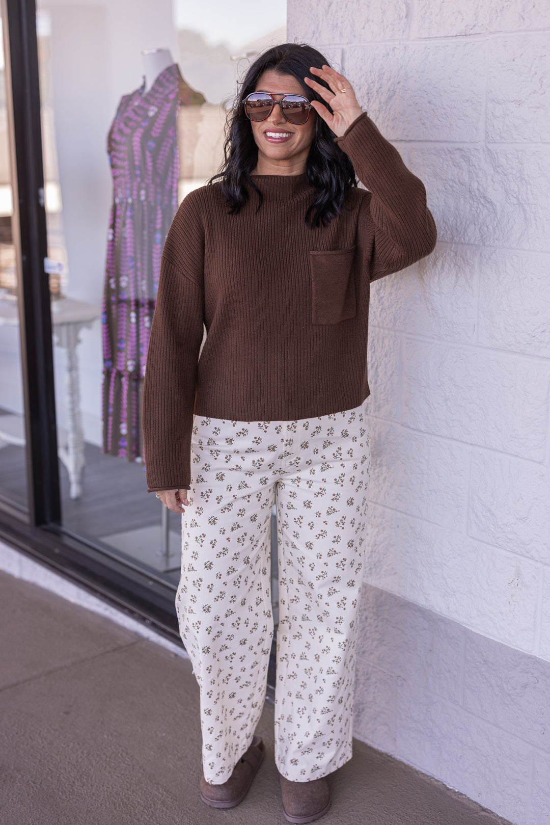 Women's chocolate brown soft ribbed knit mock neck sweater by Blu Pepper, perfect for thanksgiving gatherings