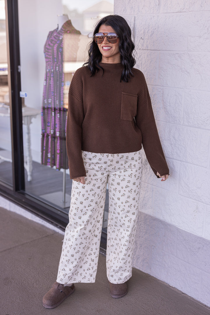 Women's cream denim pants with mocha and olive floral print by Wishlist showing full front view