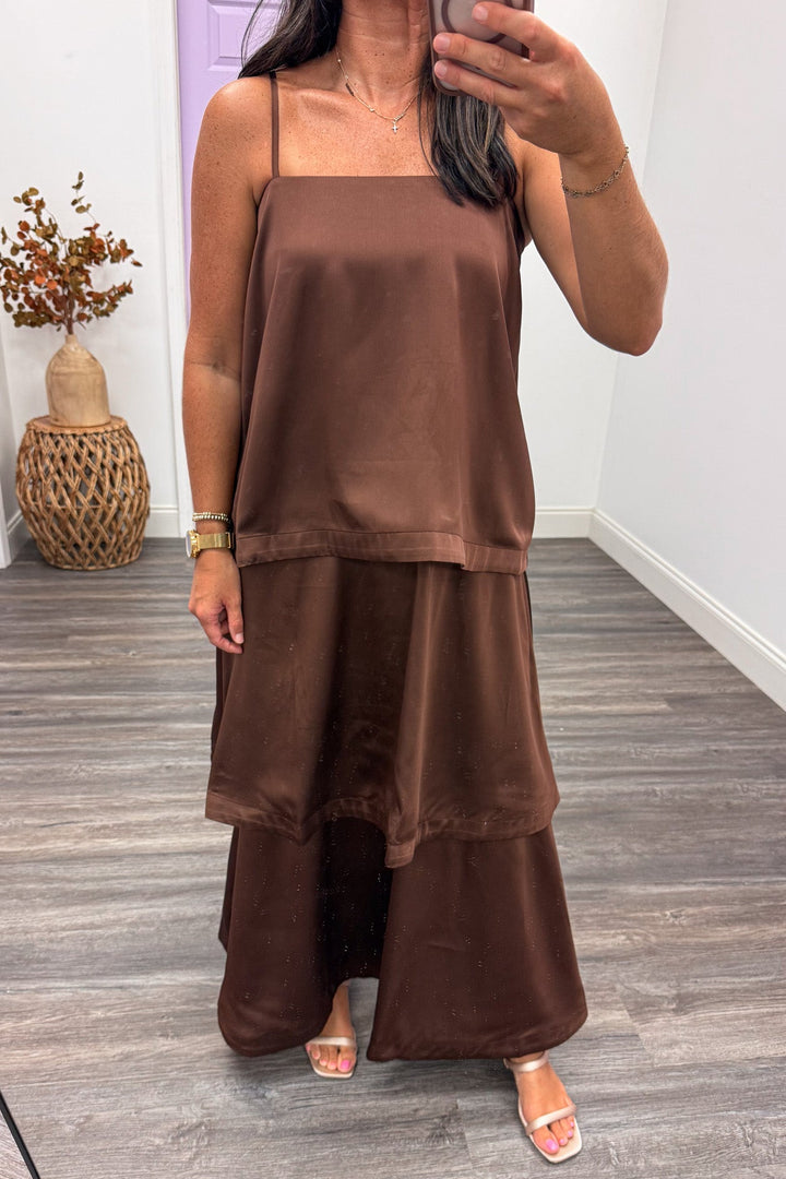 solid chocolate brown sleeveless spaghetti strap square neckline layered satin maxi dress