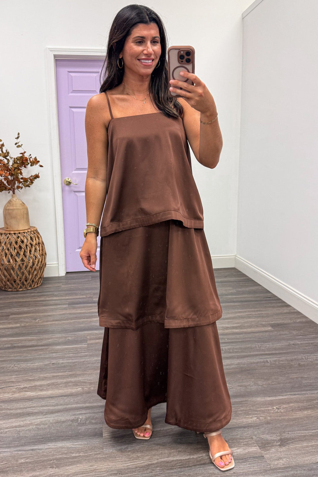 solid chocolate brown sleeveless spaghetti strap layered satin maxi dress