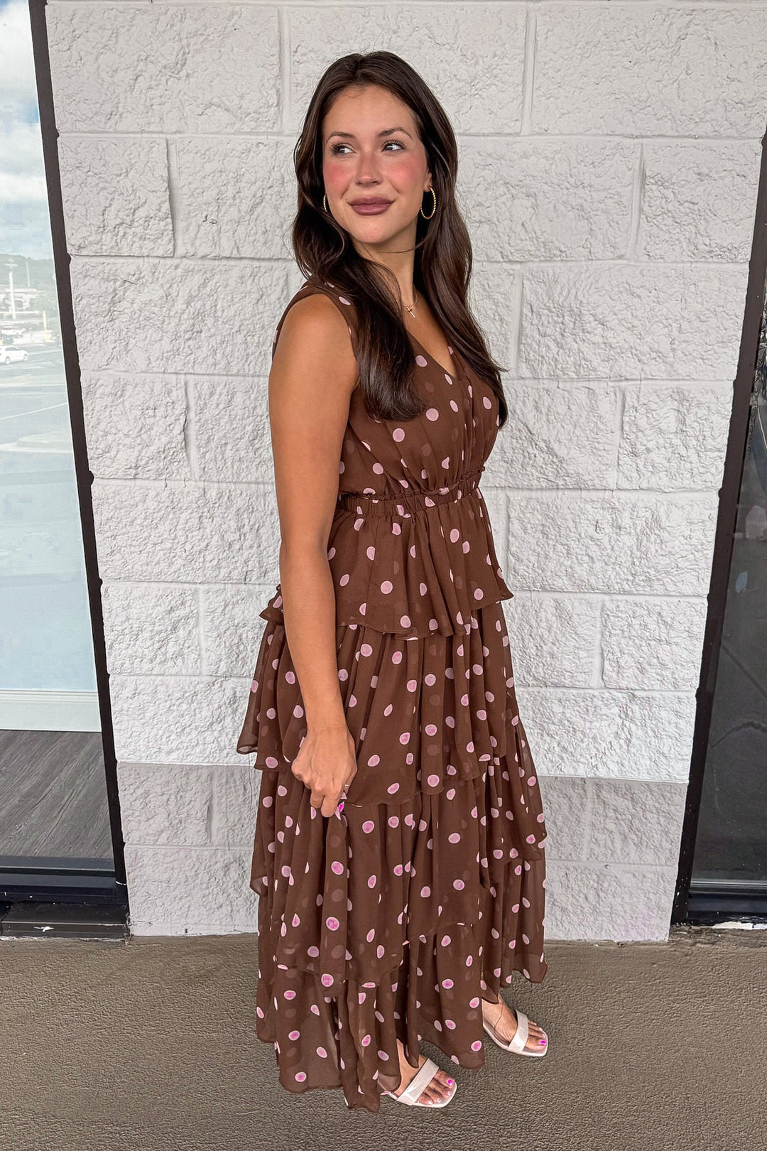 chocolate brown tiered midi dress with pale pink polka dots side