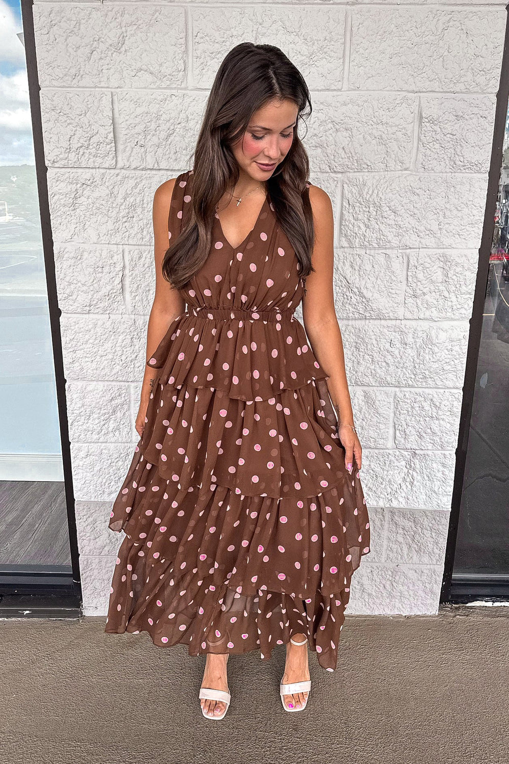 brown tiered midi dress with pale pink polka dots