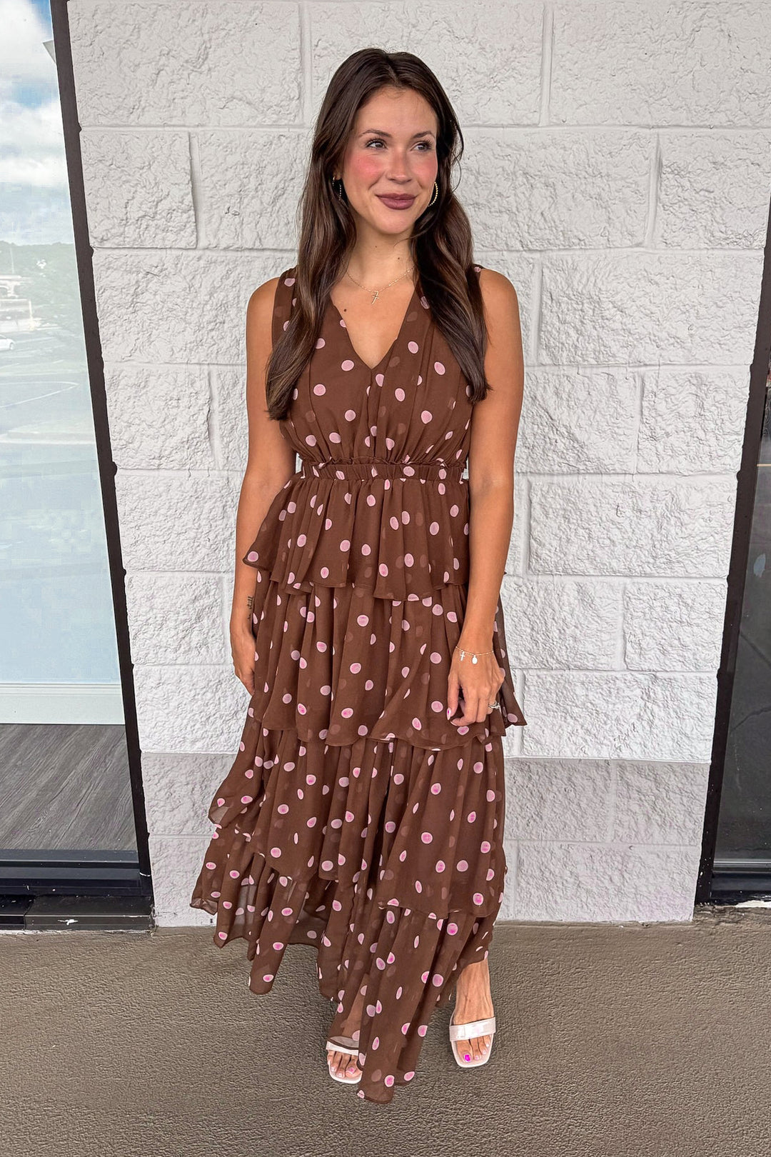 chocolate brown tiered midi dress with pale pink polka dots