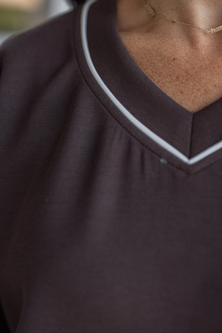 Women's chocolate brown scuba knit top by Rae Mode showing neckline details