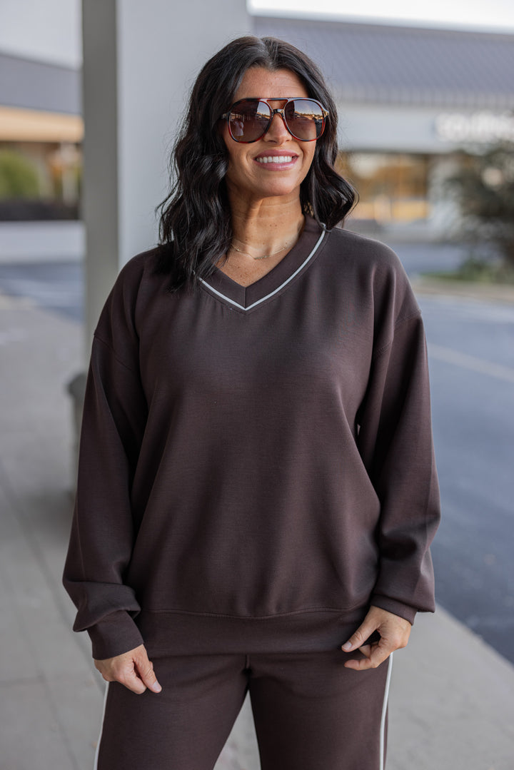 Women's chocolate brown scuba knit top by Rae Mode