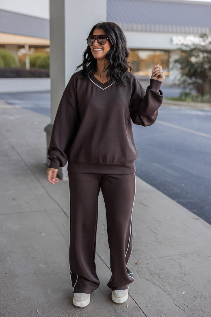 Women's trendy chocolate brown scuba knit straight leg elastic waist pants by Rae Mode