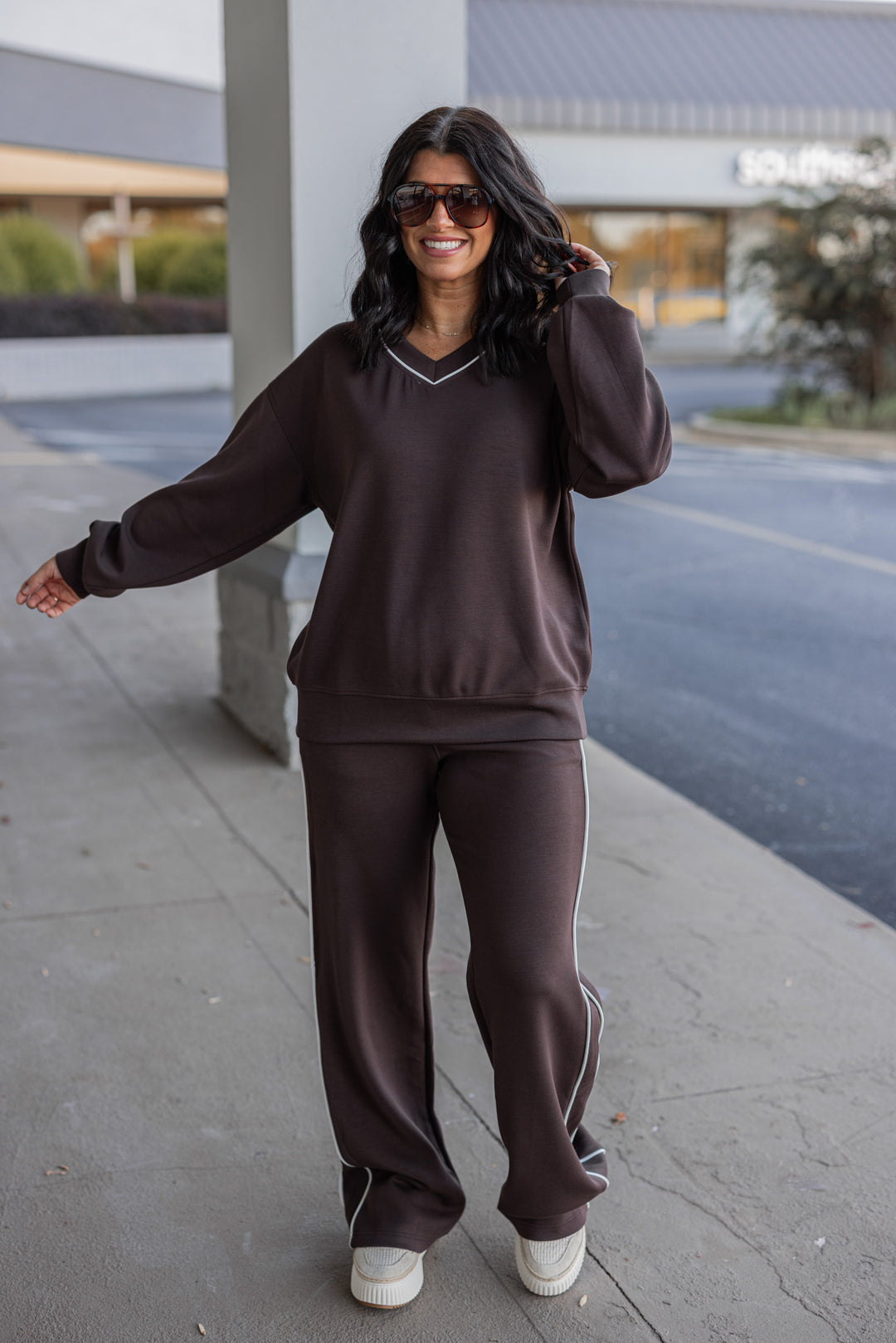 Women's trendy chocolate brown scuba knit top by Rae Mode